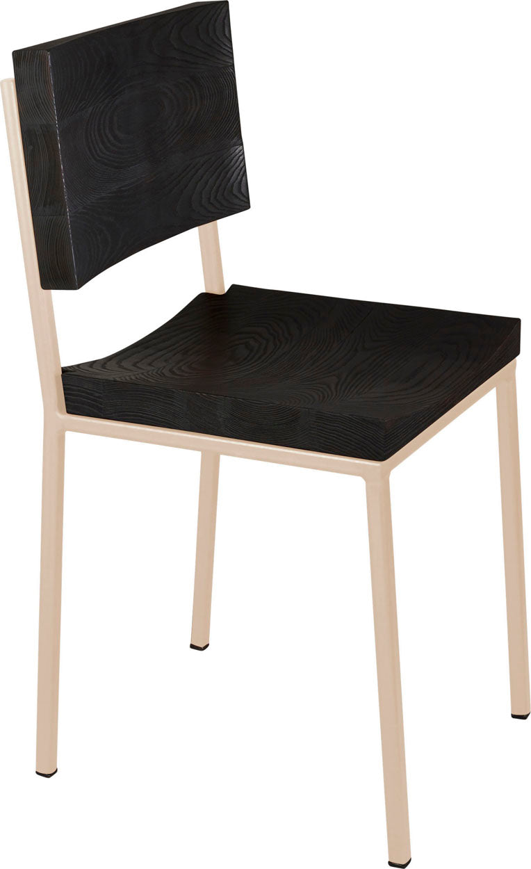 Off white metal chair with black stain ash wood made in UK - angle view square frame
