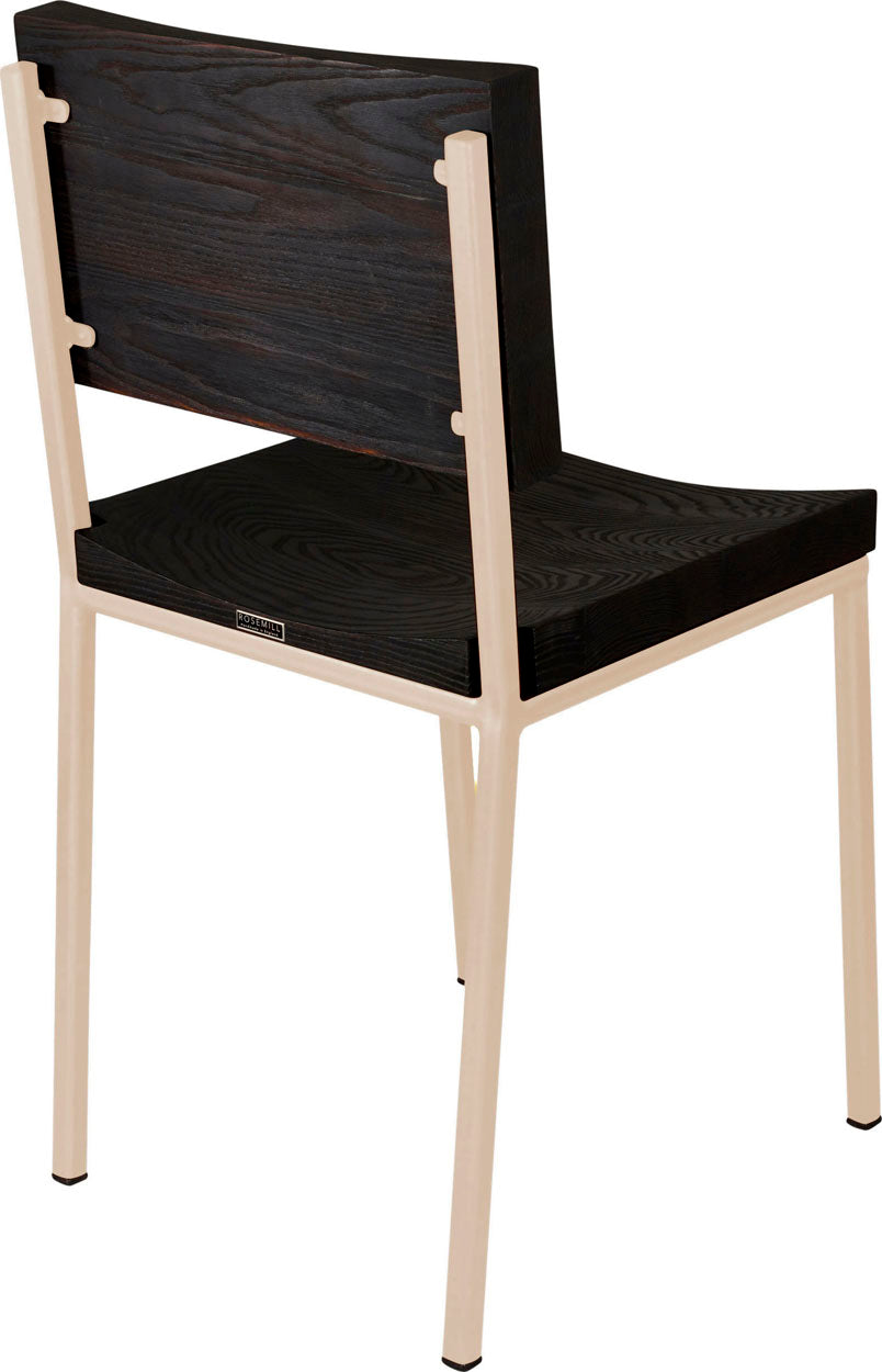 Off white metal chair with black stain ash wood made in UK - back side view square frame