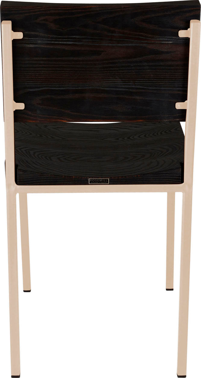 Off white metal chair with black stain ash wood made in UK - back view square frame