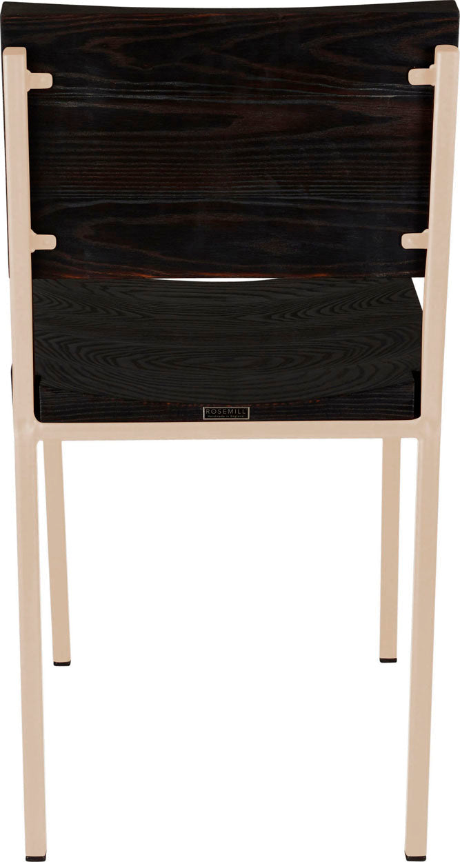 Off white metal chair with black stain ash wood made in UK - back view square frame