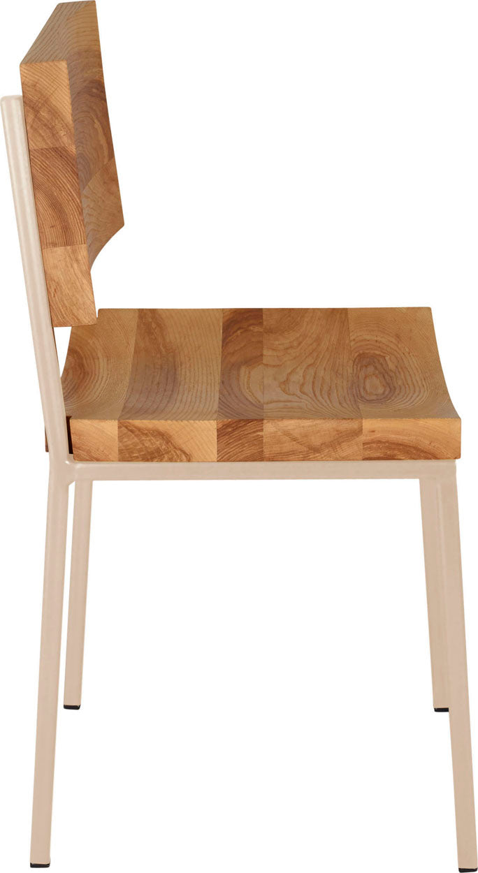 Off white metal chair with natural stain ash wood made in UK - side view square frame