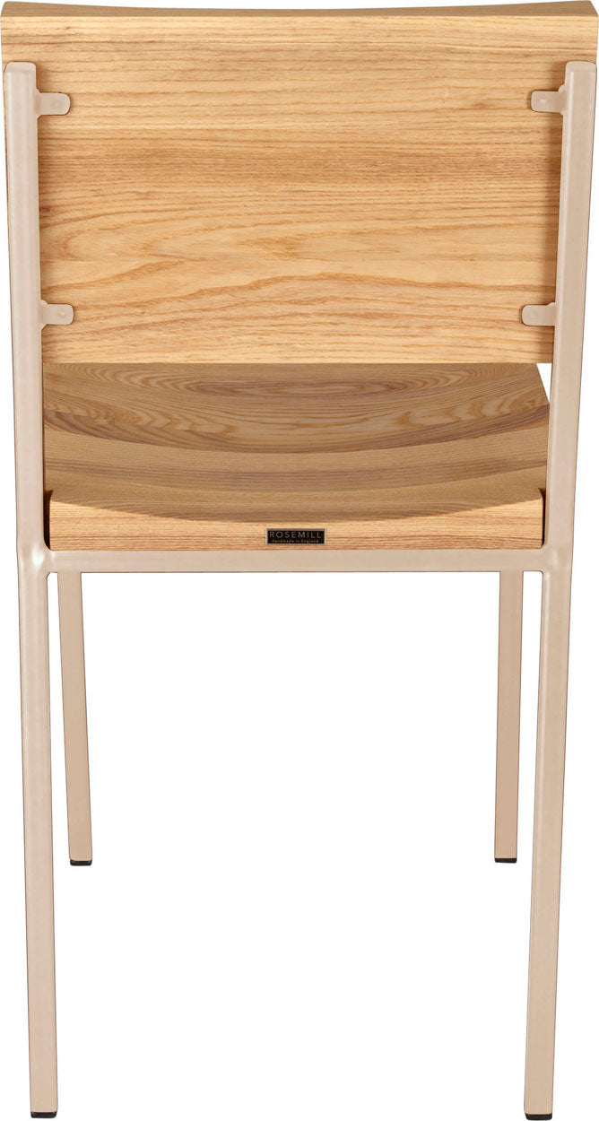 Off white metal chair with natural stain ash wood made in UK - back view square frame