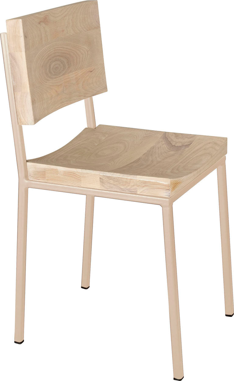 Off white metal chair with whitewash stain ash wood made in UK - angle view square frame