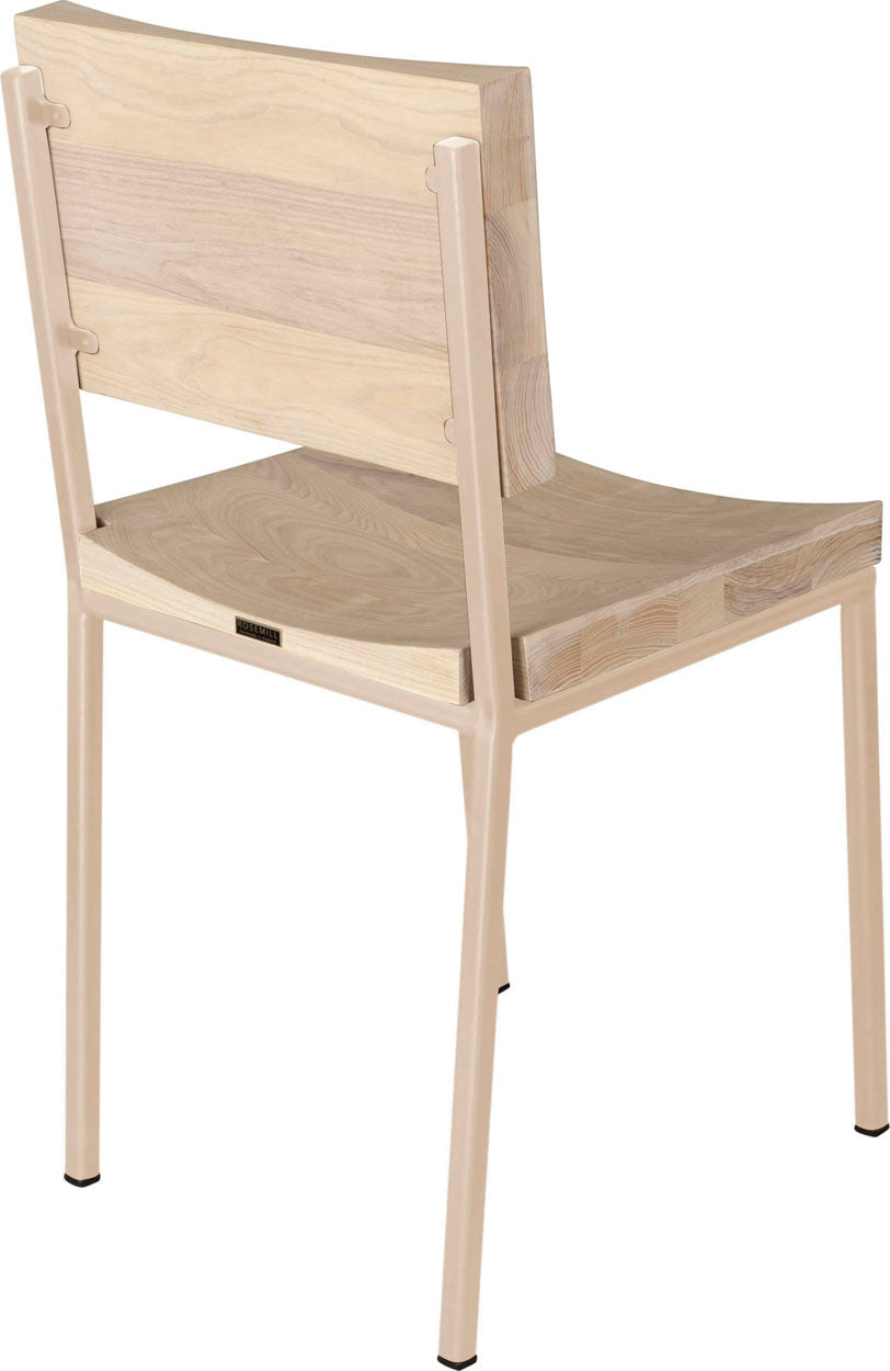 Off white metal chair with whitewash stain ash wood made in UK - back side view square frame