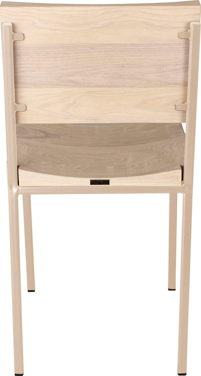 Off white metal chair with whitewash stain ash wood made in UK - back view square frame