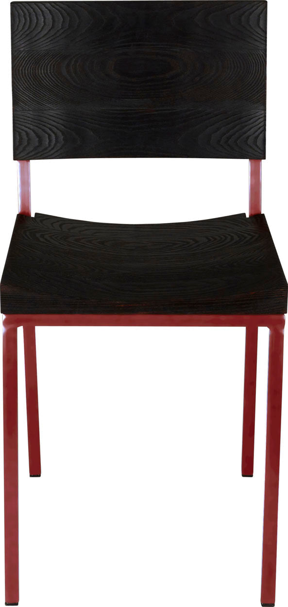 Crimson red metal chair with black stain ash wood made in UK - front view square frame