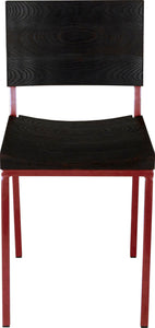 Crimson red metal chair with black stain ash wood made in UK - front view square frame
