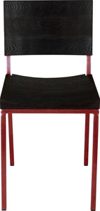 Crimson red metal chair with black stain ash wood made in UK - front view square frame