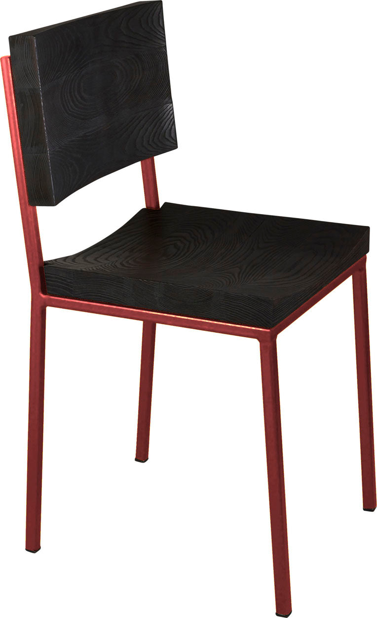Crimson red metal chair with black stain ash wood made in UK - angle view square frame