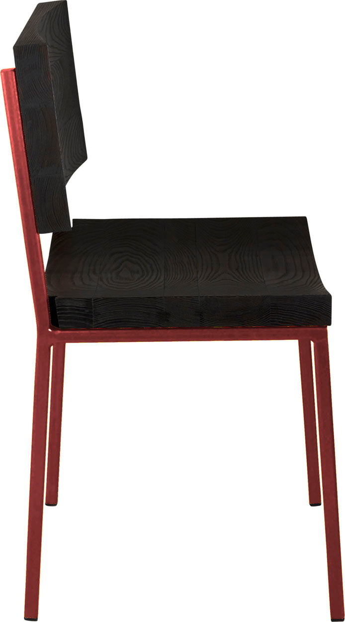 Crimson red metal chair with black stain ash wood made in UK - side view square frame