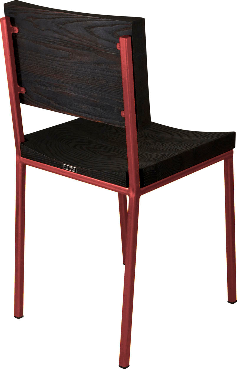 Crimson red metal chair with black stain ash wood made in UK - back side view square frame