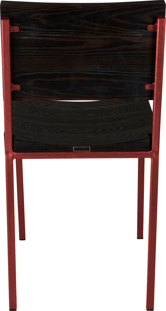Crimson red metal chair with black stain ash wood made in UK - back view square frame