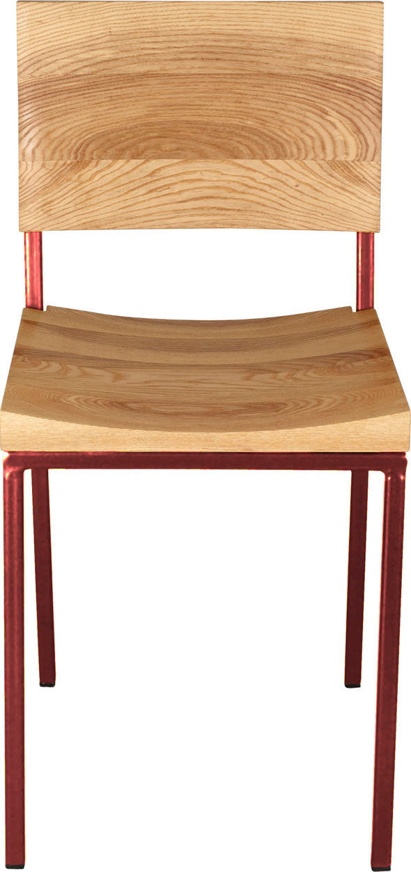 Crimson red metal chair with natural stain ash wood made in UK - front view square frame