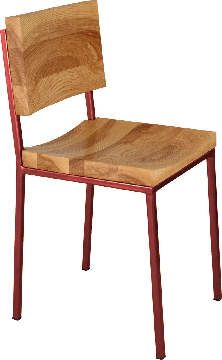 Crimson red metal chair with natural stain ash wood made in UK - angle view square frame