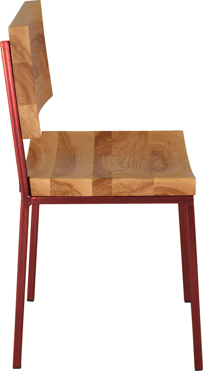 Crimson red metal chair with natural stain ash wood made in UK - side view square frame
