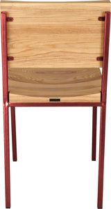 Crimson red metal chair with natural stain ash wood made in UK - back view square frame