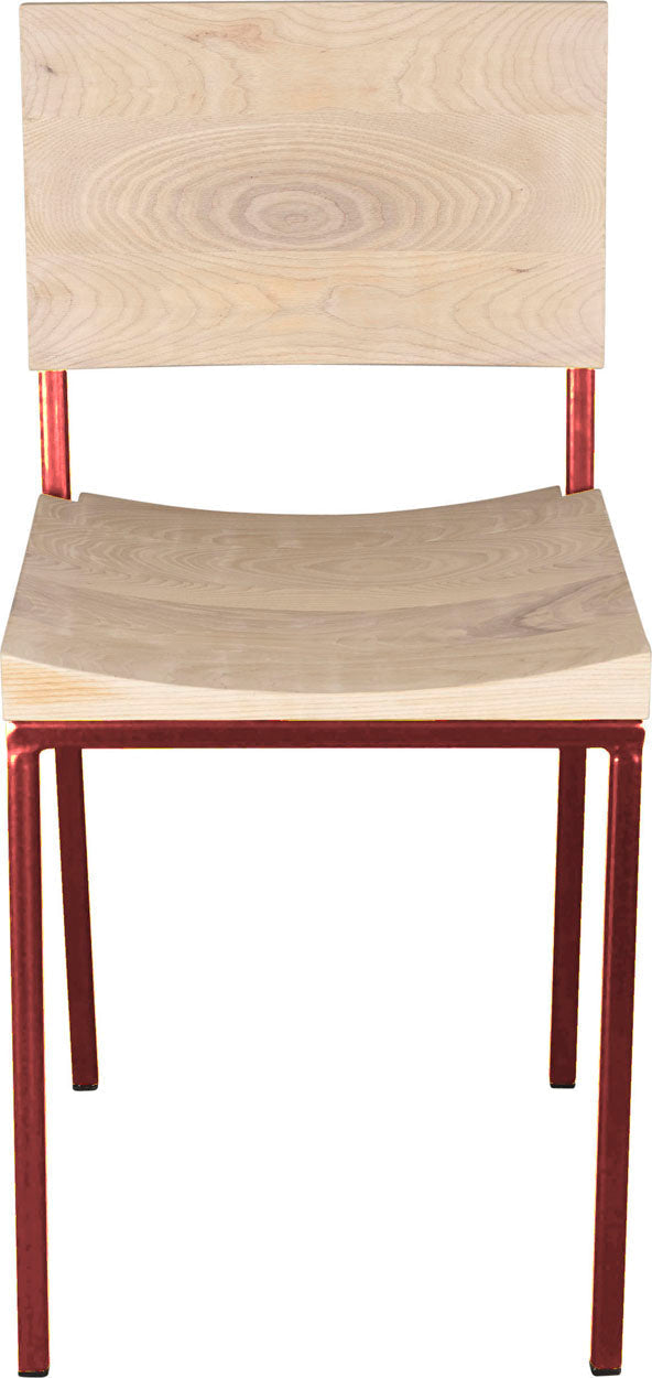 Crimson red metal chair with whitewash stain ash wood made in UK - front view square frame