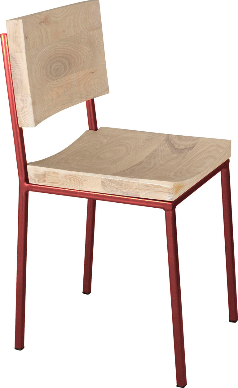 Crimson red metal chair with whitewash stain ash wood made in UK - angle view square frame