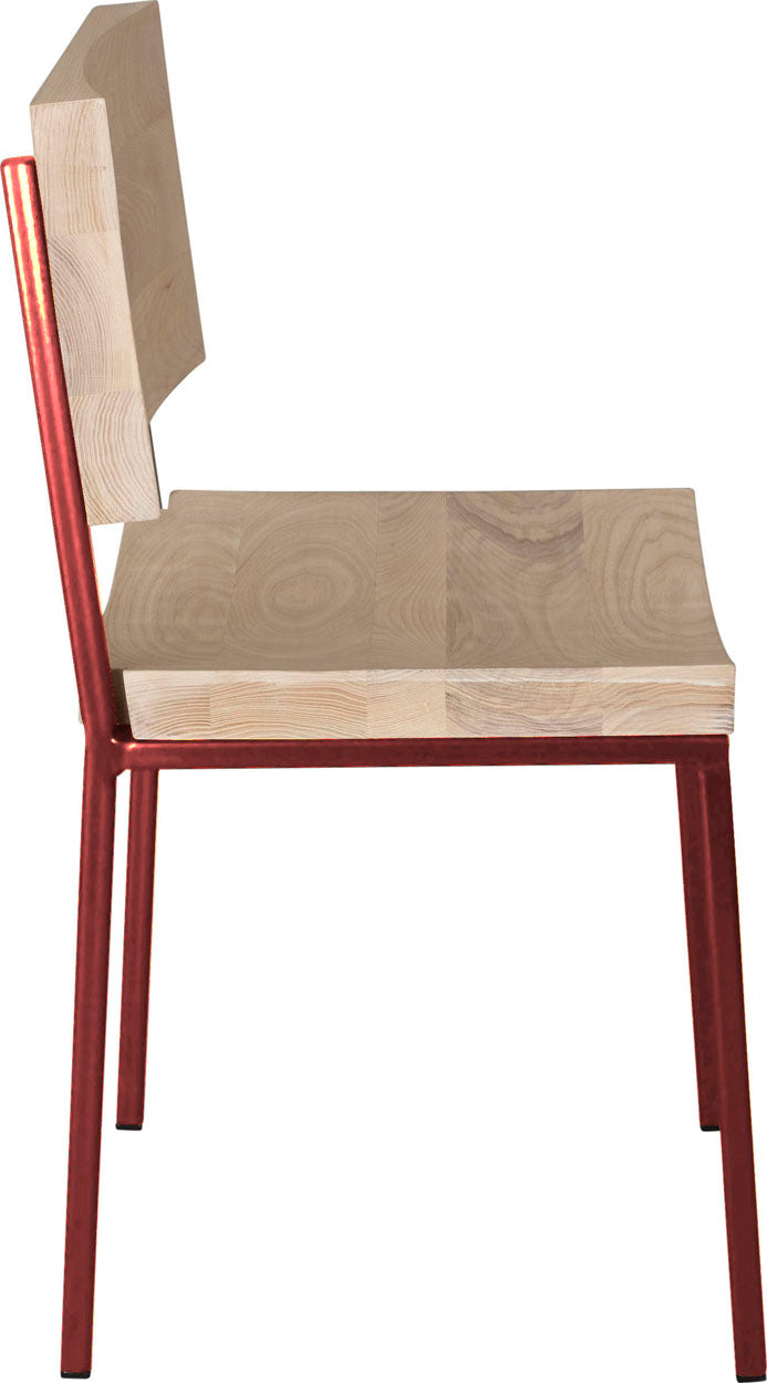 Crimson red metal chair with whitewash stain ash wood made in UK - side view square frame