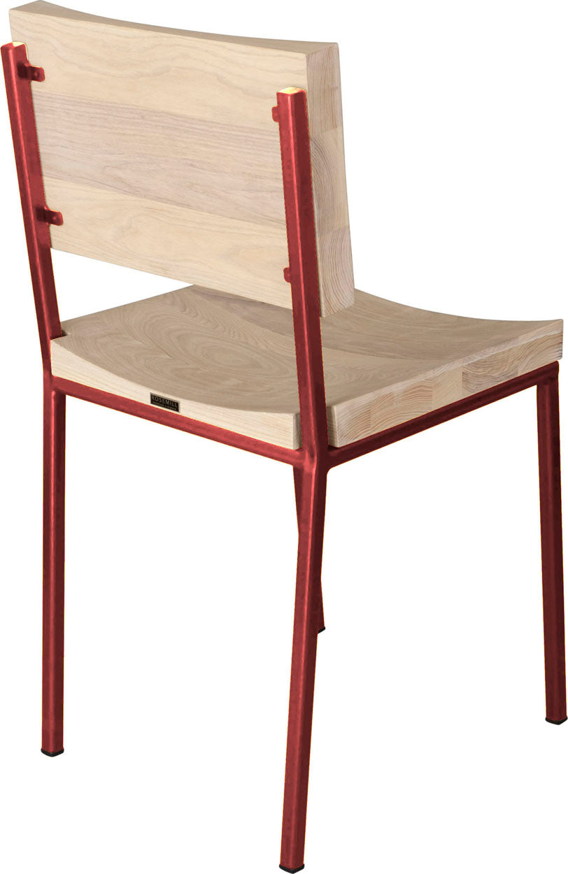 Crimson red metal chair with whitewash stain ash wood made in UK - back side view square frame