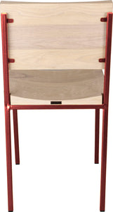 Crimson red metal chair with whitewash stain ash wood made in UK - back view square frame