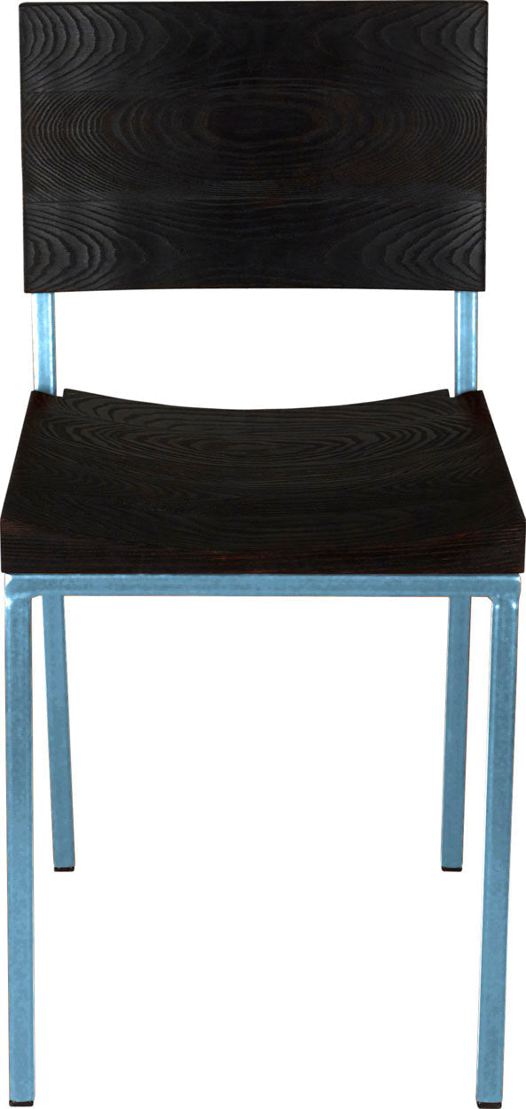 Dung-egg blue metal chair with black stain ash wood made in UK - front view square frame