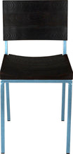 Load image into Gallery viewer, Dung-egg blue metal chair with black stain ash wood made in UK - front view square frame

