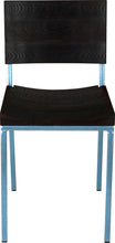 Load image into Gallery viewer, Dung-egg blue metal chair with black stain ash wood made in UK - front view square frame

