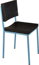 Load image into Gallery viewer, Dung-egg blue metal chair with black stain ash wood made in UK - angle view square frame
