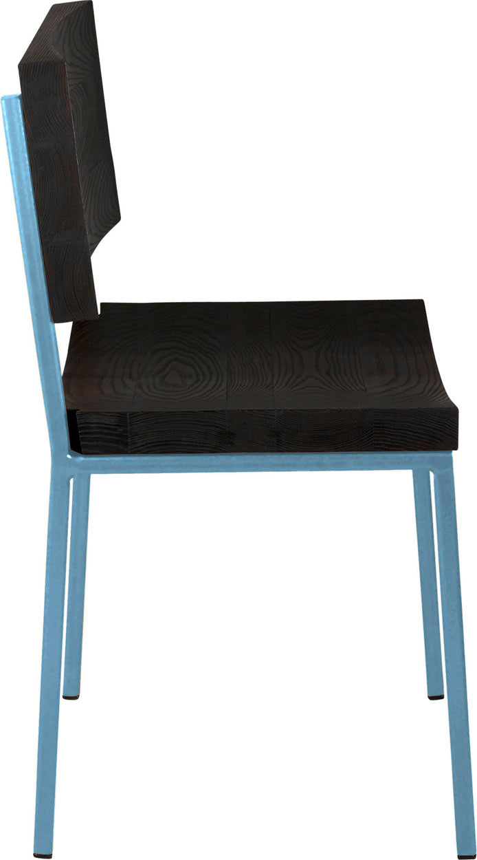 Dung-egg blue metal chair with black stain ash wood made in UK - side view square frame