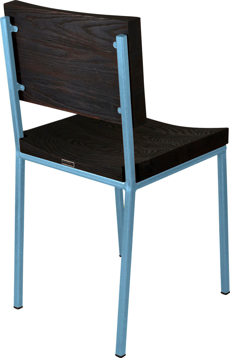 Dung-egg blue metal chair with black stain ash wood made in UK - back side view square frame
