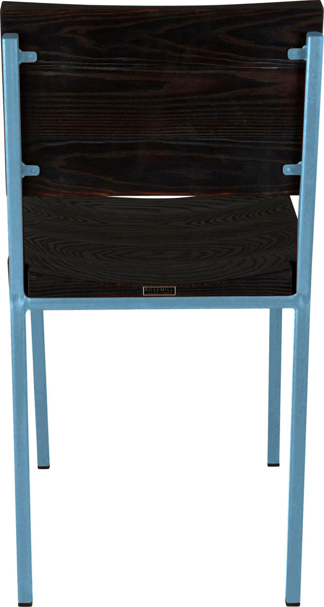 Dung-egg blue metal chair with black stain ash wood made in UK - back view square frame