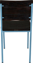 Load image into Gallery viewer, Dung-egg blue metal chair with black stain ash wood made in UK - back view square frame
