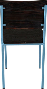 Dung-egg blue metal chair with black stain ash wood made in UK - back view square frame