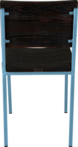 Dung-egg blue metal chair with black stain ash wood made in UK - back view square frame