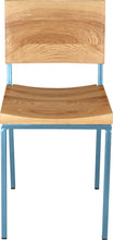 Load image into Gallery viewer, Dung-egg blue metal chair with natural stain ash wood made in UK - front view square frame
