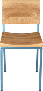Dung-egg blue metal chair with natural stain ash wood made in UK - front view square frame