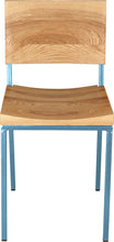 Load image into Gallery viewer, Dung-egg blue metal chair with natural stain ash wood made in UK - front view square frame
