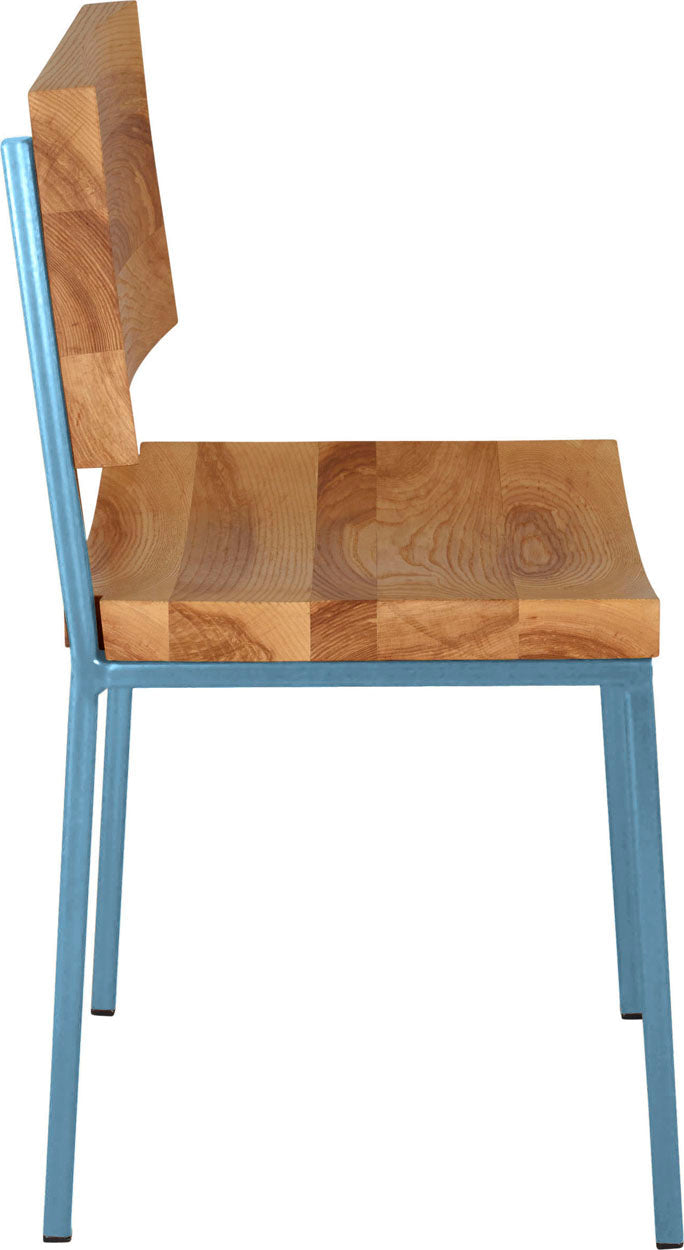 Dung-egg blue metal chair with natural stain ash wood made in UK - side view square frame