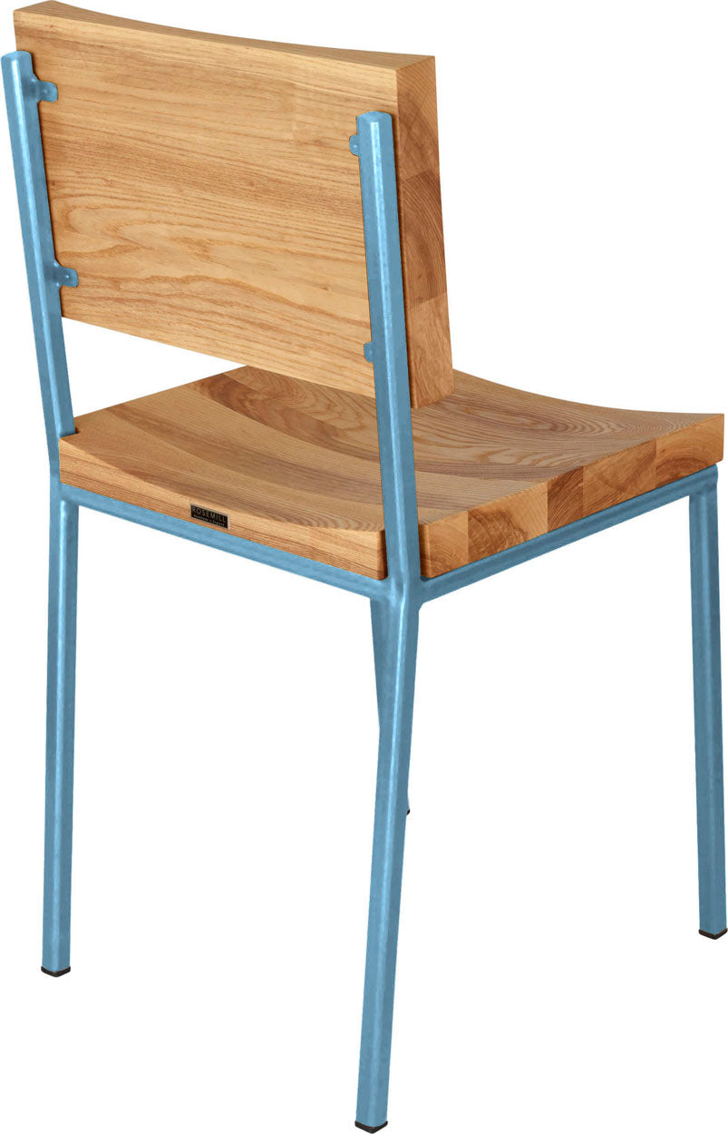 Dung-egg blue metal chair with natural stain ash wood made in UK - back side view square frame