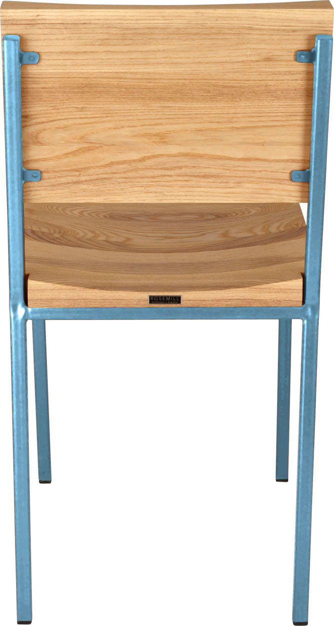 Dung-egg blue metal chair with natural stain ash wood made in UK - back view square frame