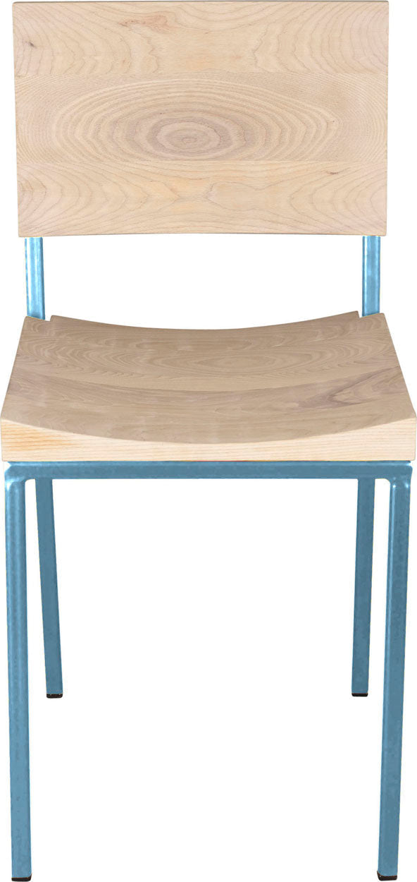 Duck-egg blue metal chair with whitewash stain ash wood made in UK - front view square frame