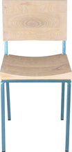 Load image into Gallery viewer, Duck-egg blue metal chair with whitewash stain ash wood made in UK - front view square frame
