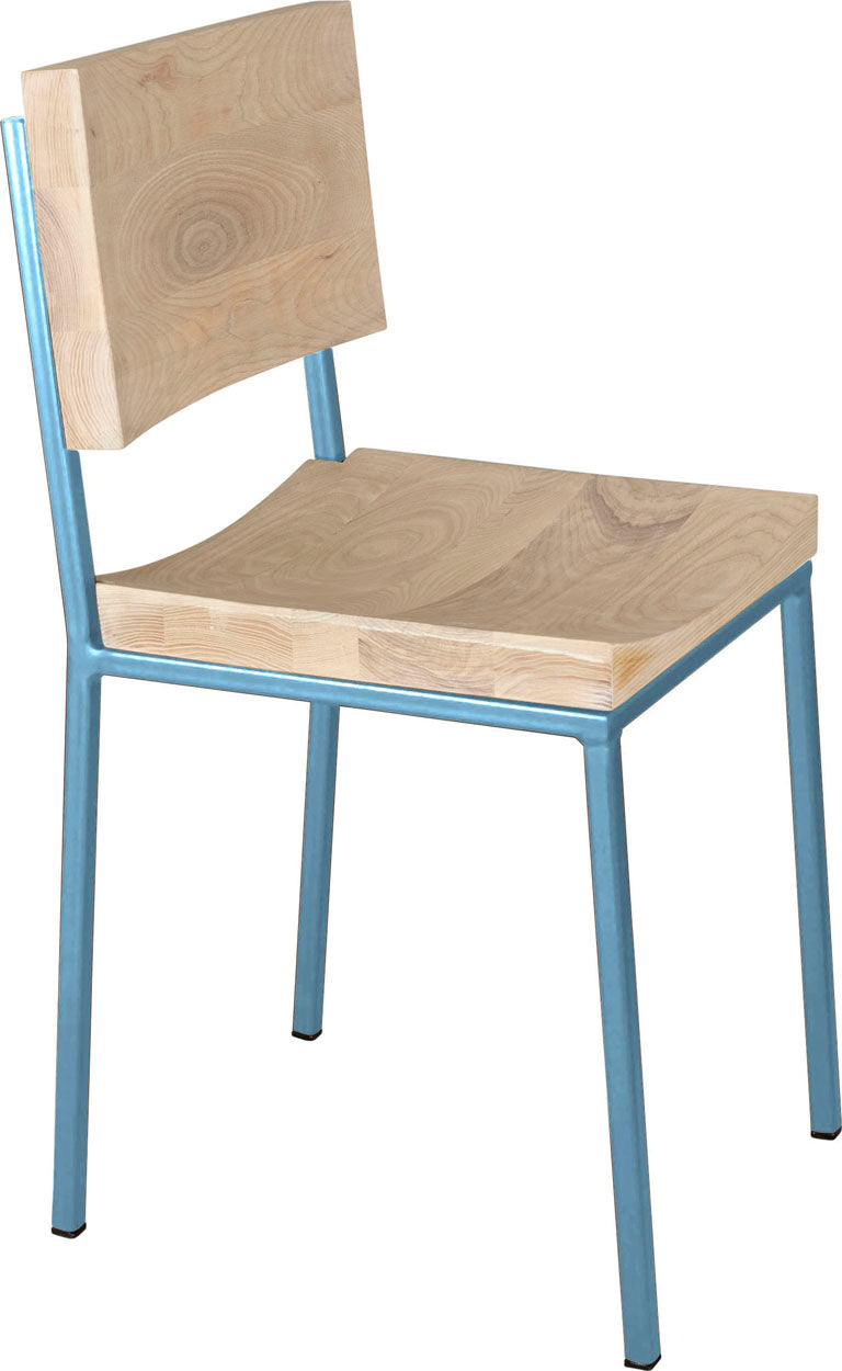 Duck-egg blue metal chair with whitewash stain ash wood made in UK - angle view square frame