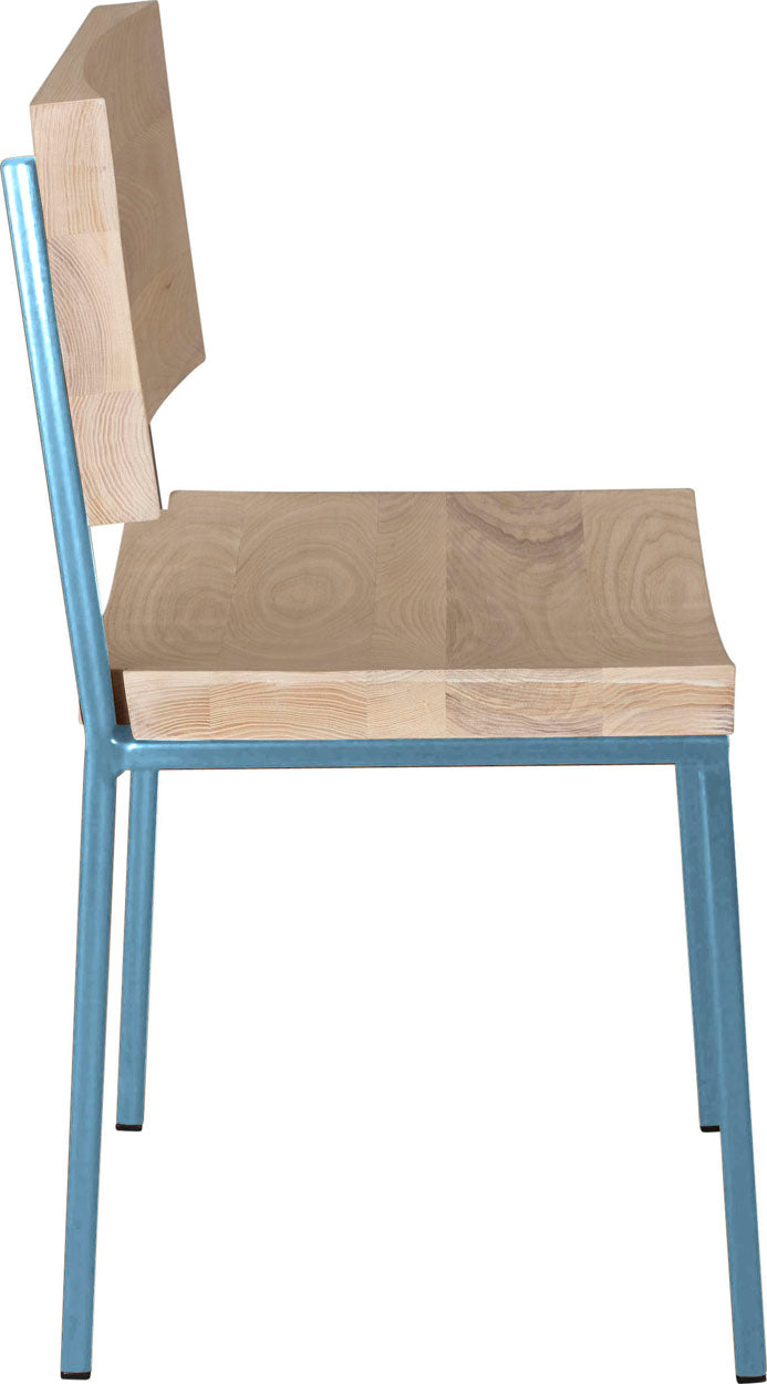 Duck-egg blue metal chair with whitewash stain ash wood made in UK - side view square frame