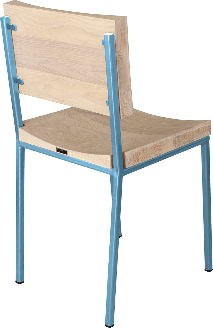 Duck-egg blue metal chair with whitewash stain ash wood made in UK - back side view square frame