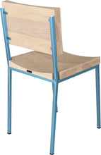 Load image into Gallery viewer, Duck-egg blue metal chair with whitewash stain ash wood made in UK - back side view square frame
