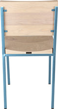 Load image into Gallery viewer, Duck-egg blue metal chair with whitewash stain ash wood made in UK - back view square frame
