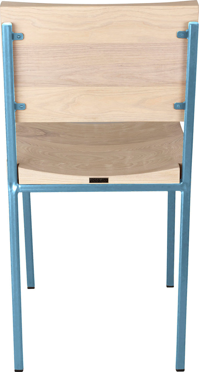 Duck-egg blue metal chair with whitewash stain ash wood made in UK - back view square frame