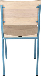 Duck-egg blue metal chair with whitewash stain ash wood made in UK - back view square frame